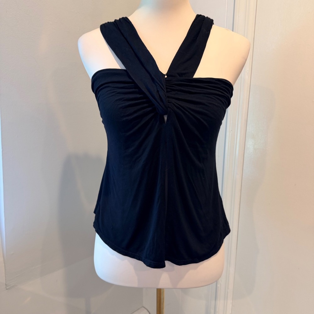 Free People (Beach) Black Twist Open Front Halter Top Tank Smocked Back | XS